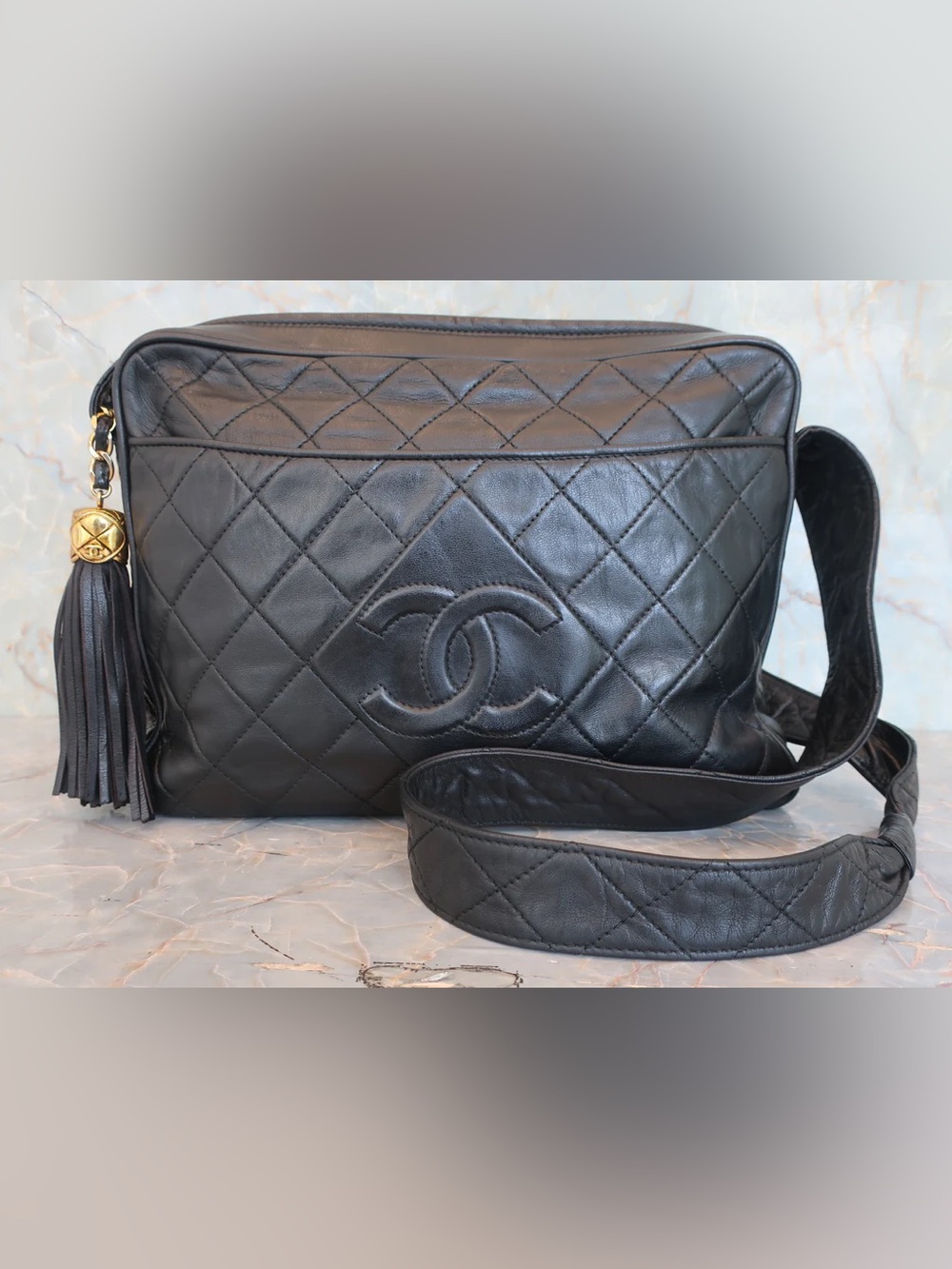 Authentic CHANEL black lambskin vintage 24k gold CC camera bag crossbody